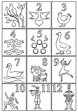 Twelve Days of Christmas coloring sheet with squares