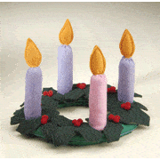 Felt wreath with holly berries and pink and purple felt candles
